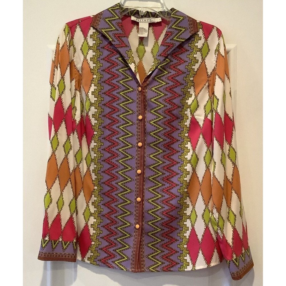 PELL & CO Silk Blend Regal Argyle Diamond Print Button Up Blouse Top Size 6